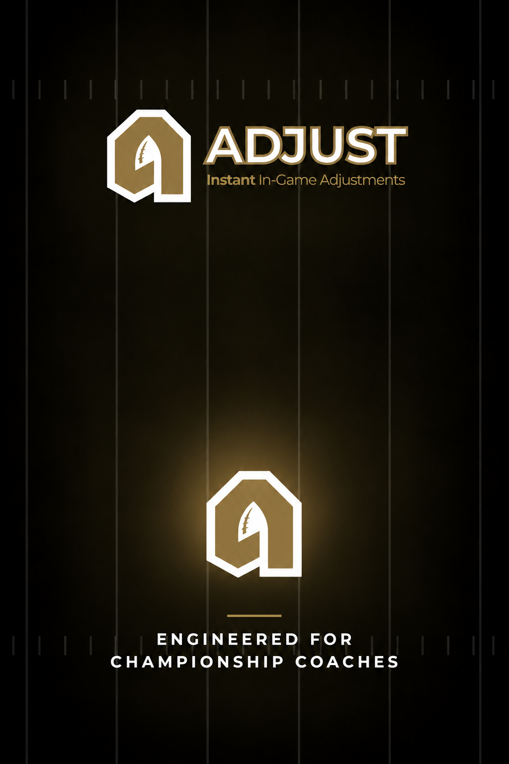 Adjust — Instant In-Game Adjustments. ANSRS A logo — Engineered for Championship Coaches. Both logos share a black and gold football-field background.
