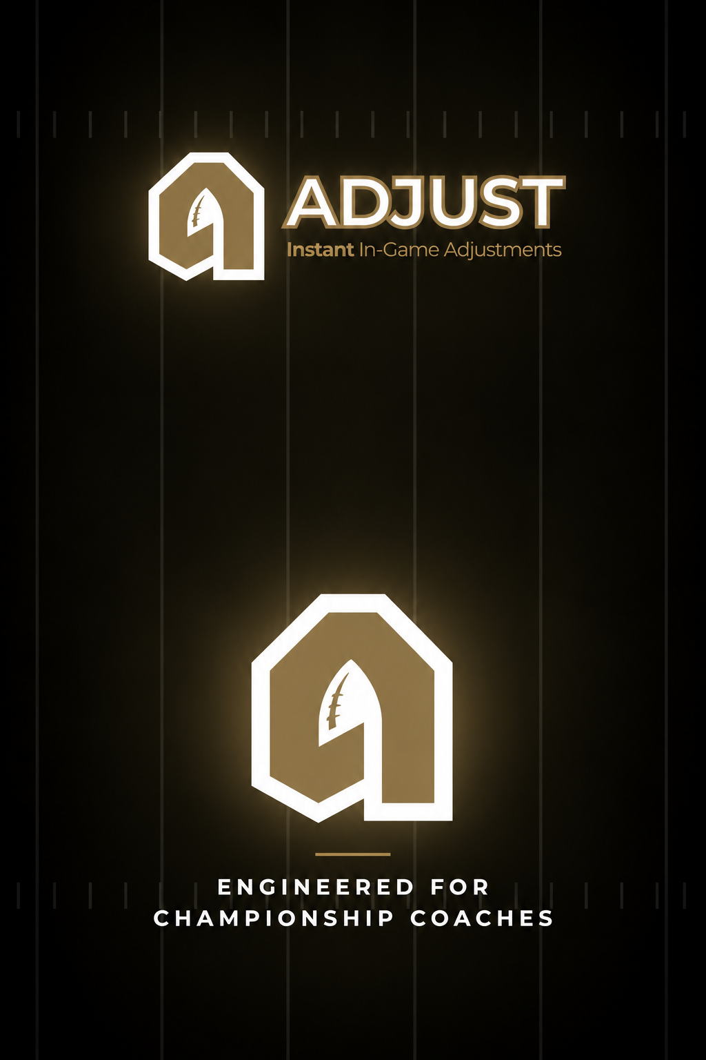 Adjust — Instant In-Game Adjustments. ANSRS A logo — Engineered for Championship Coaches. Both logos share a black and gold football-field background.